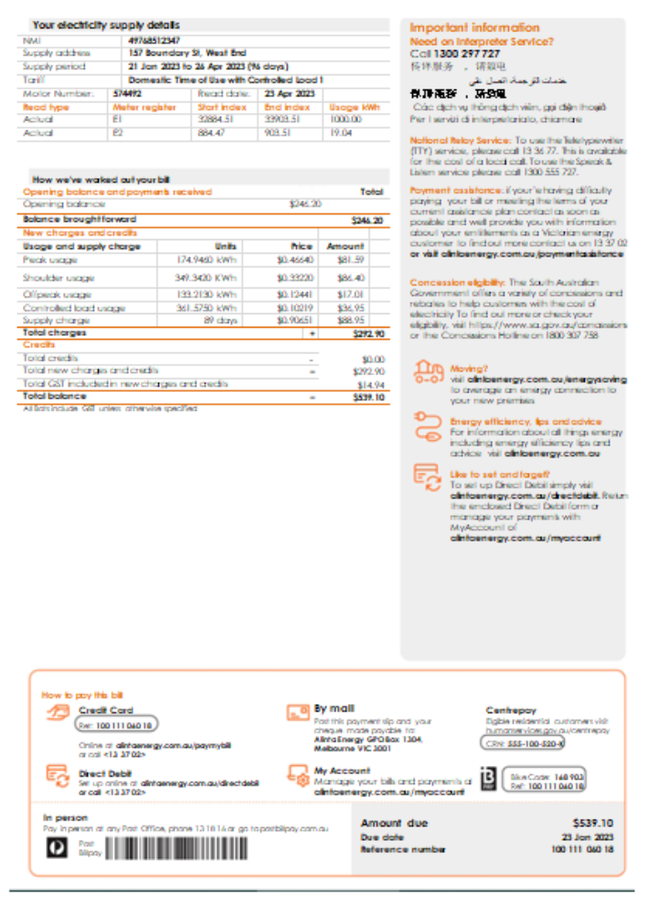 Download Alinta energy electricity utility business bill,  page 2, SCR Photoshop template